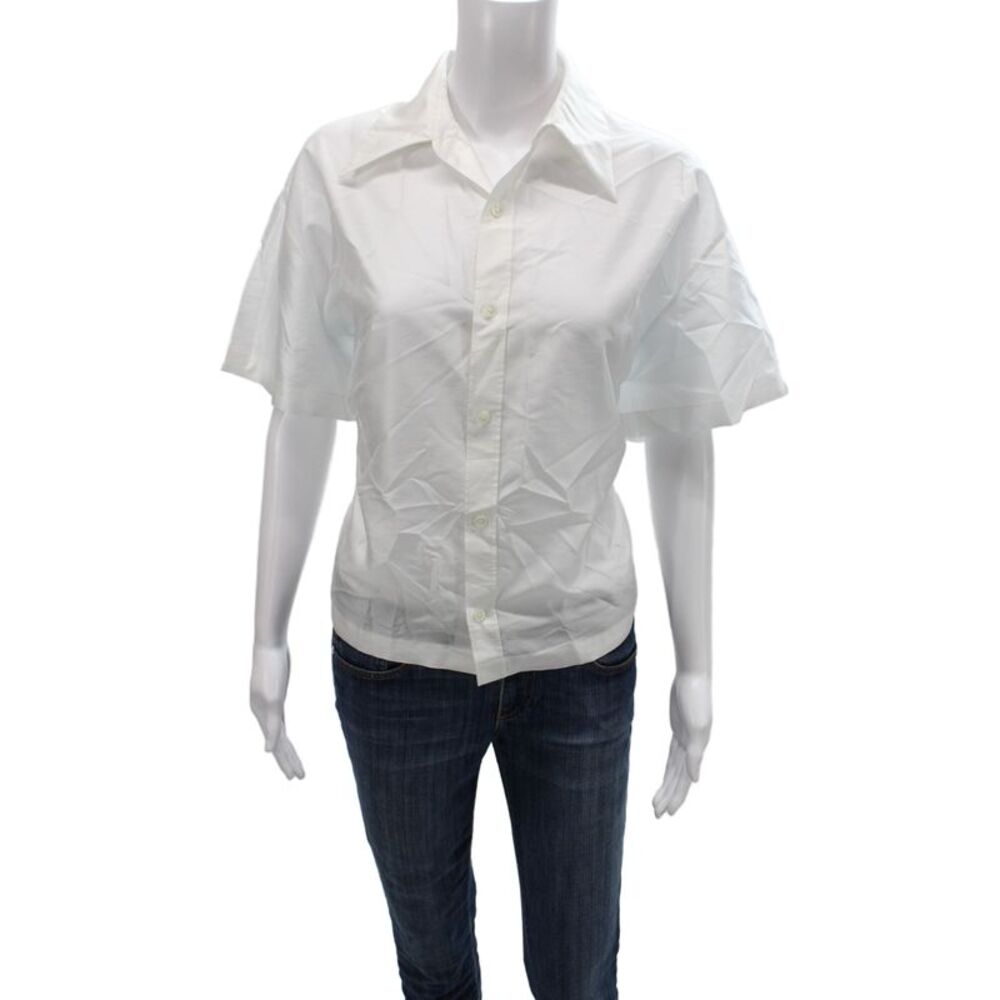 Carven Womens Basic Collared Short Sleeve Button Up White Polyester Top Size 8
